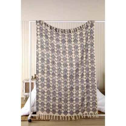Beige Boho Plaid / Sofa Throw – Block Print with Tassels – 125x170 cm – Urbane Hide