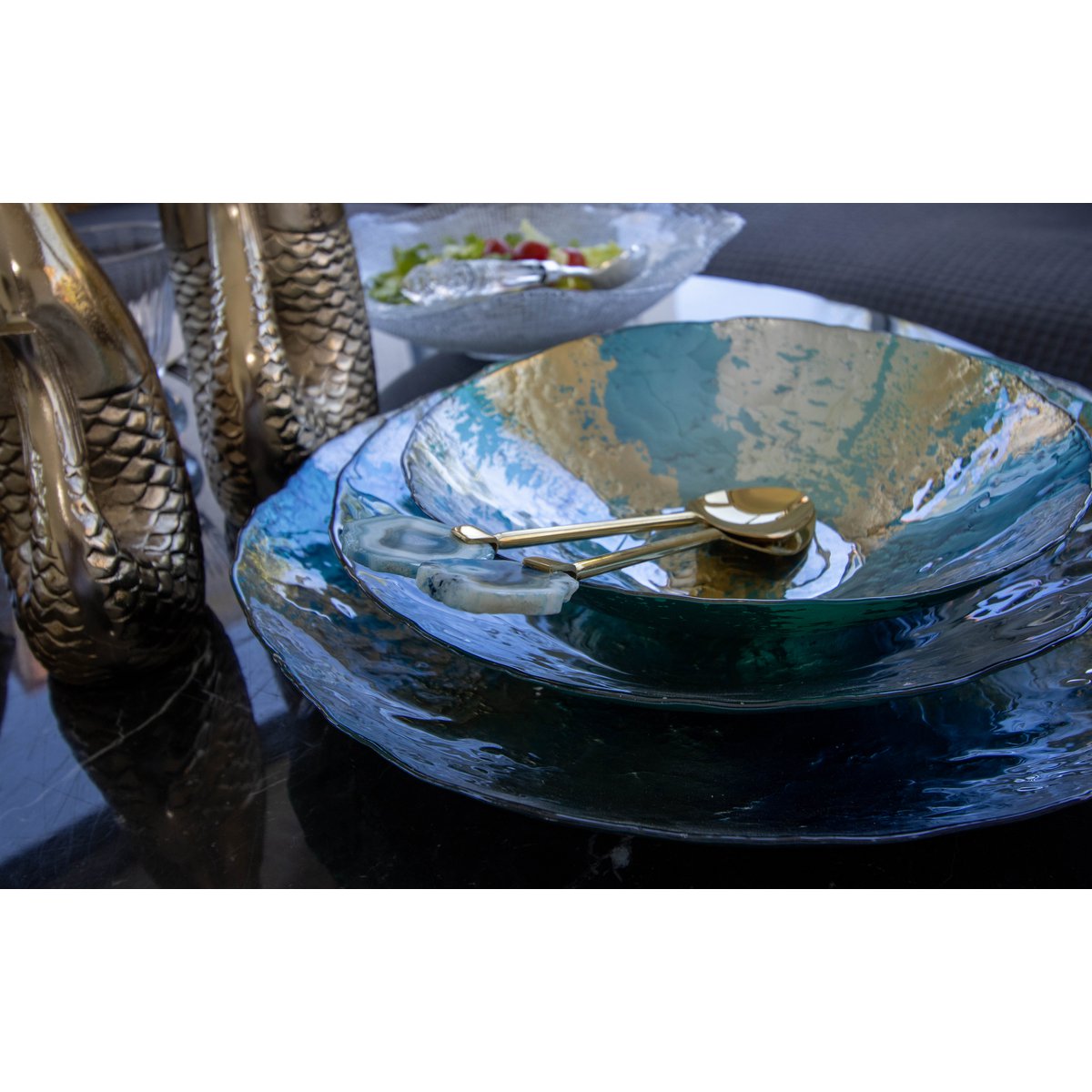 Fruitschaal 32 cm glas turquoise goud