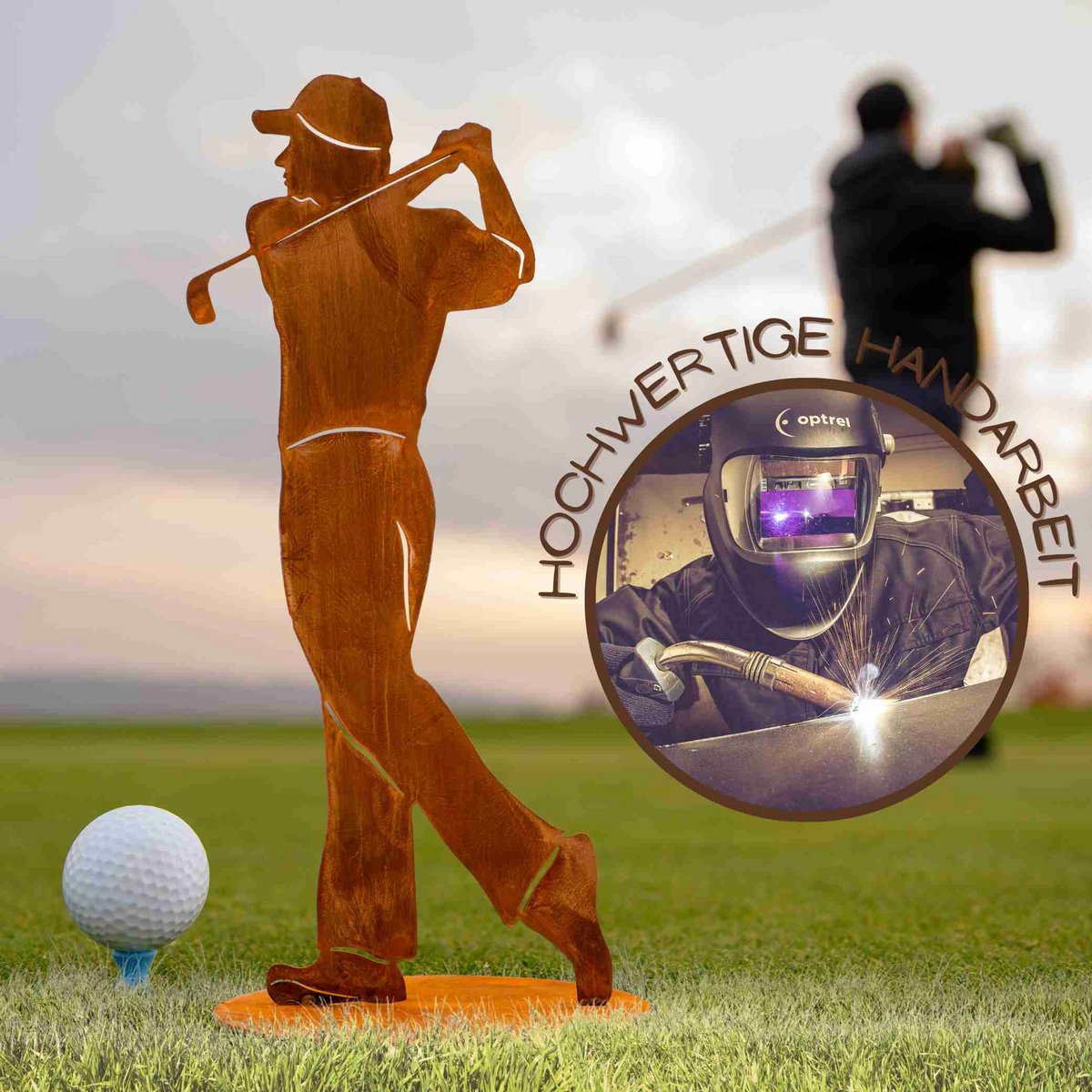 Golfspeler decoratiefiguur metaal 20 cm of 40 cm