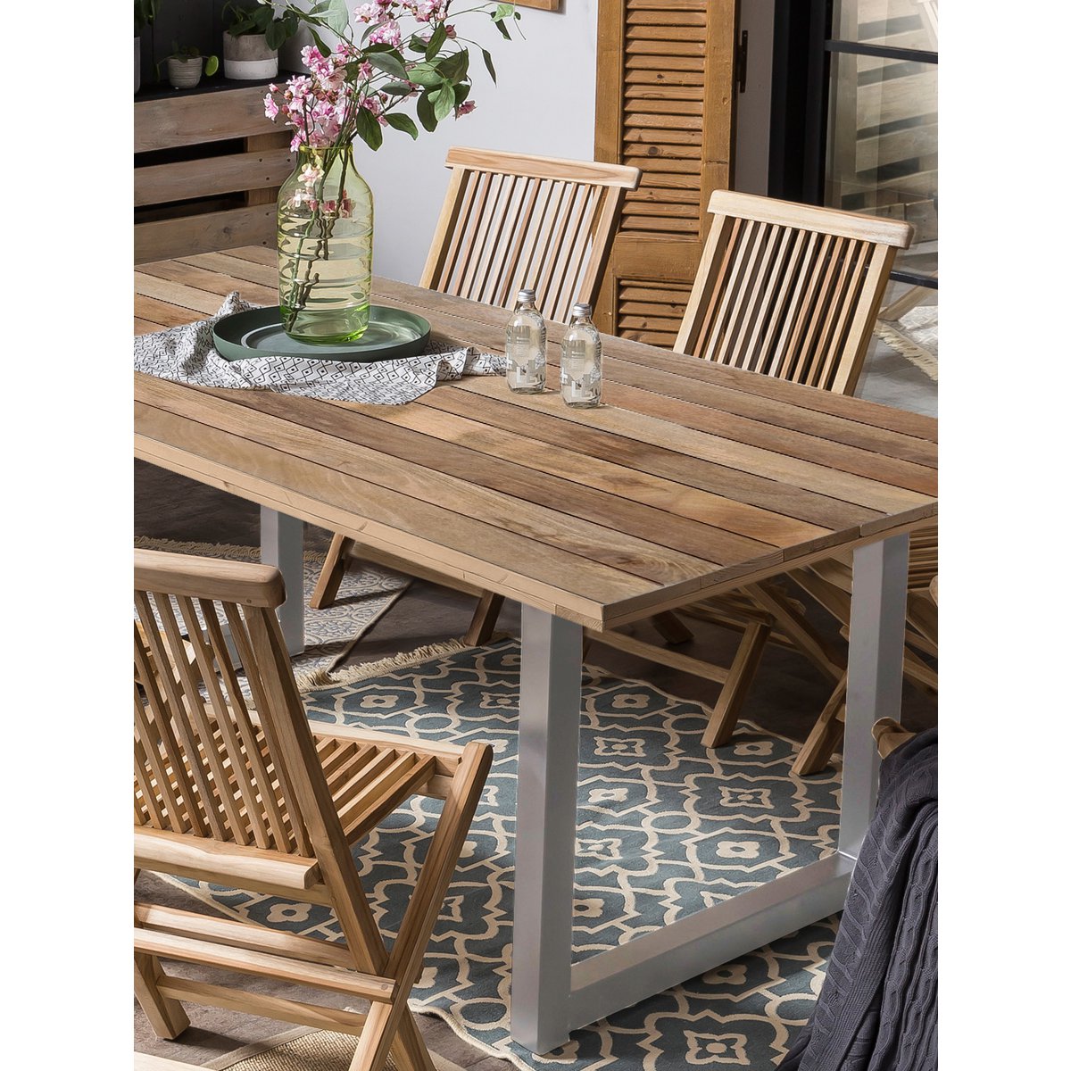 Eettafel 220x100x77 cm massief mangohout metaal zilver