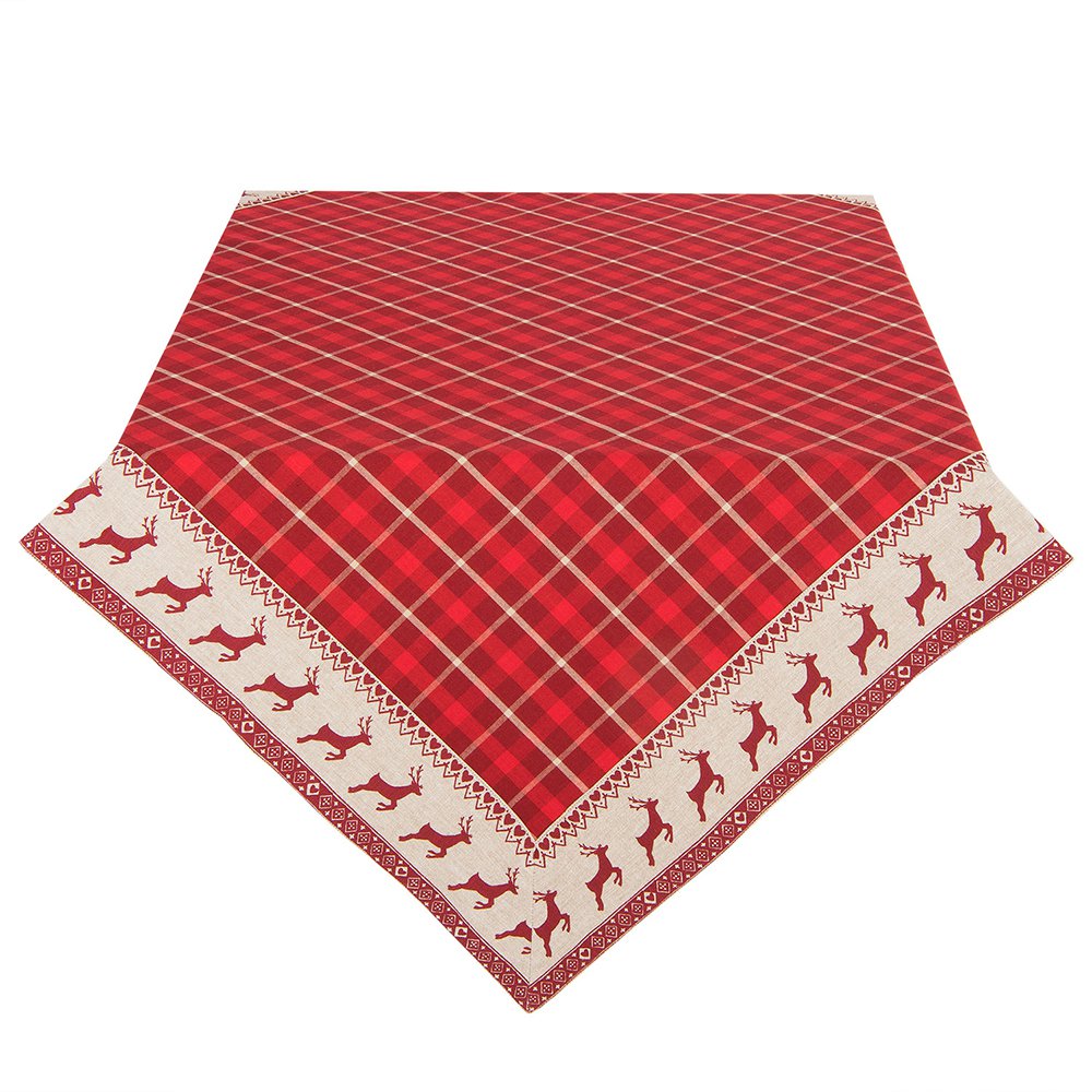 Vierkant Tafelkleed Kerst 150x150 cm Rood Beige Katoen Hert en Kerst Tafellaken