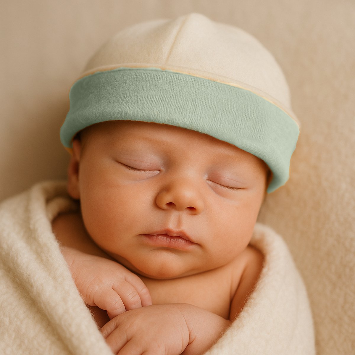 Newborn hat in white and green organic cotton