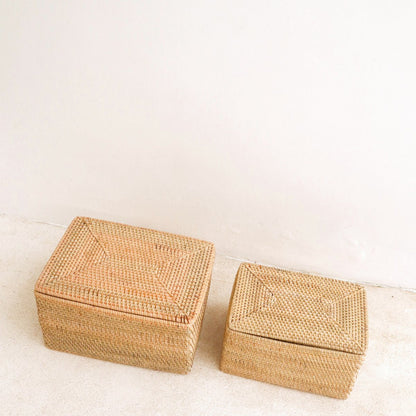 Opbergmand met deksel rotan beige