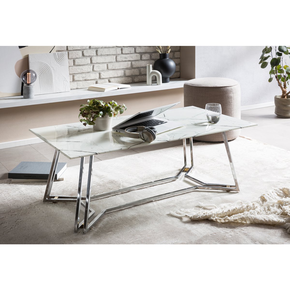 Salontafel 110x60x40 cm glas metaal wit zilver
