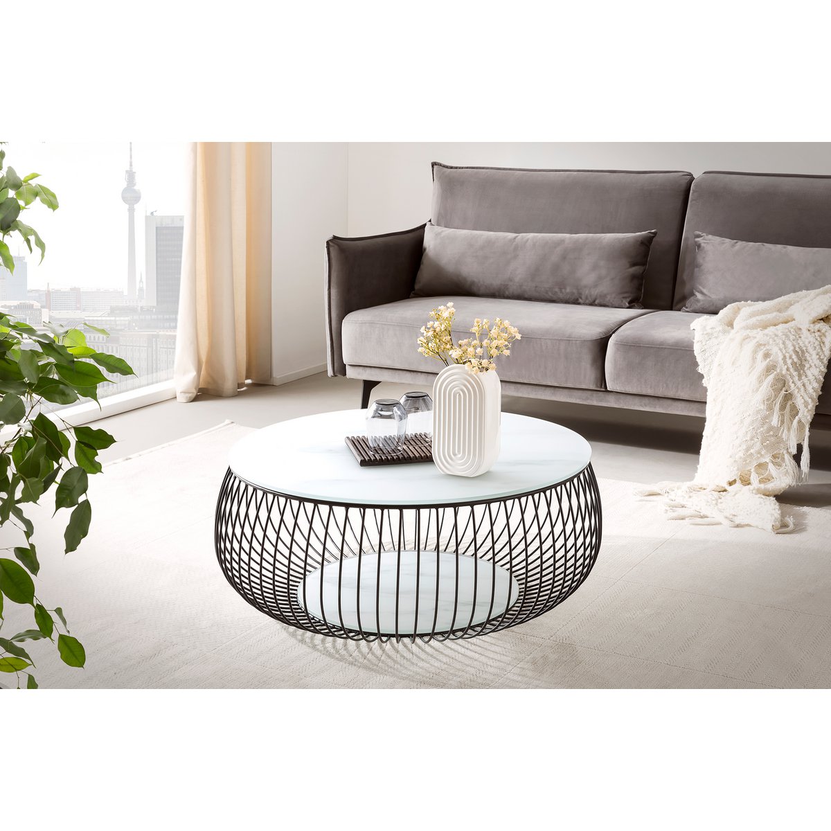 Salontafel rond 86 cm zwart wit glas metaal