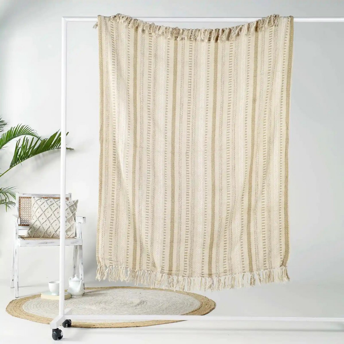 Plaid 130x150 cm katoen beige gestreept