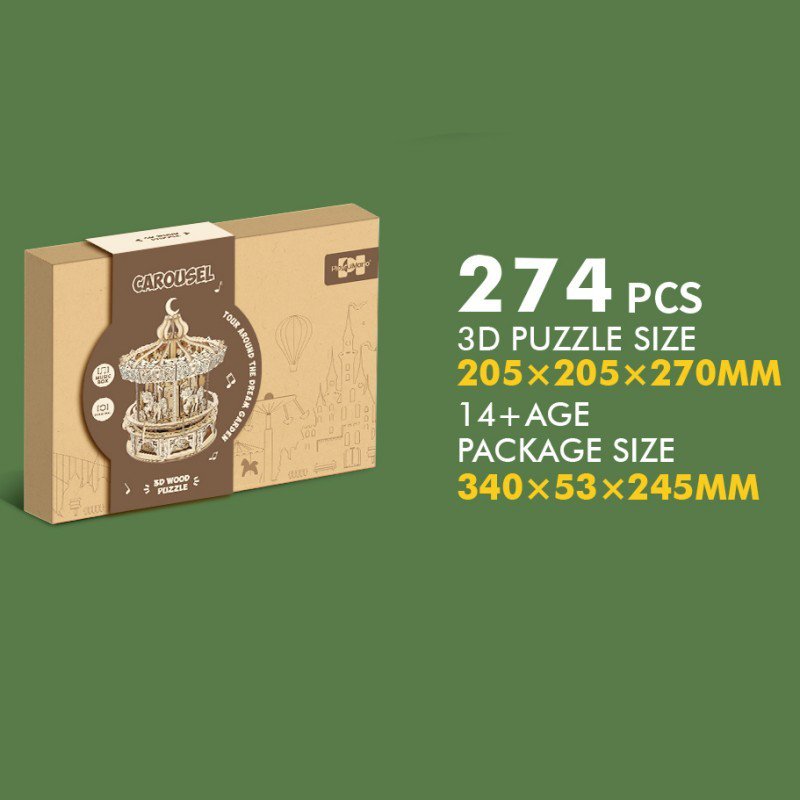 Houten muziekdoos carrousel 20,5x20,5x27 cm