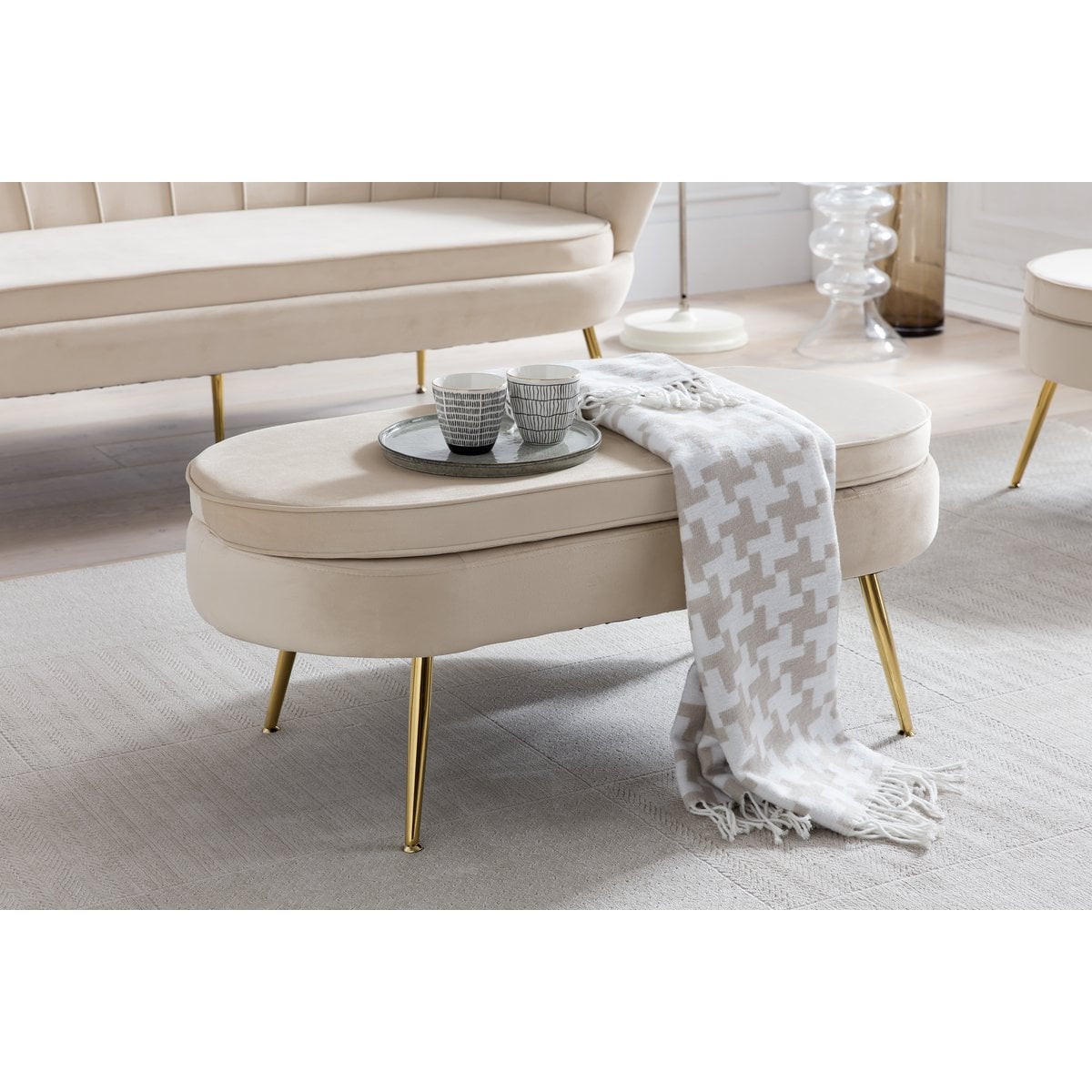 Poef ovaal 99x44x40 cm beige metaal