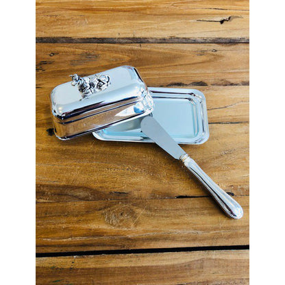 Botervloot verzilverd met glasplaat en botermes 13x8 cm