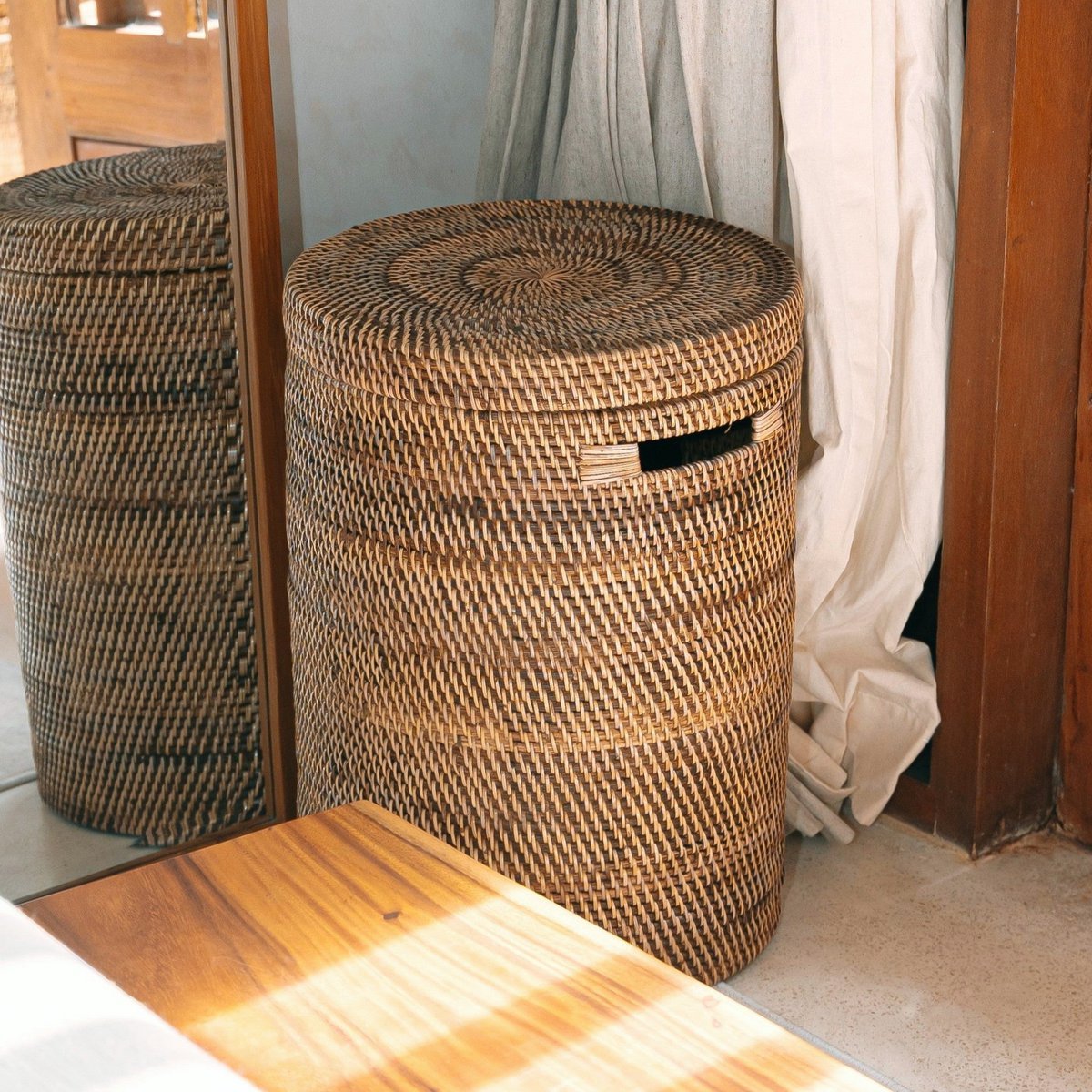 Grote Wasmand Met Deksel Geweven Ronde Bruine Boho Mand