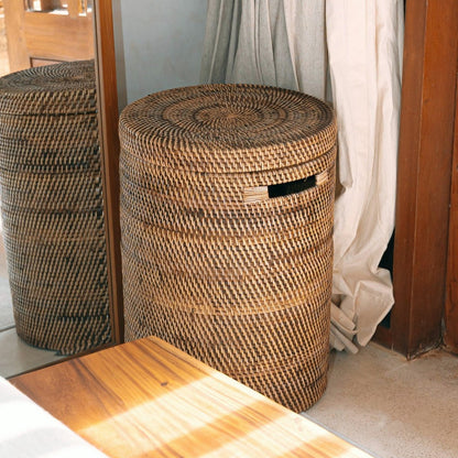 Grote Wasmand Met Deksel Geweven Ronde Bruine Boho Mand