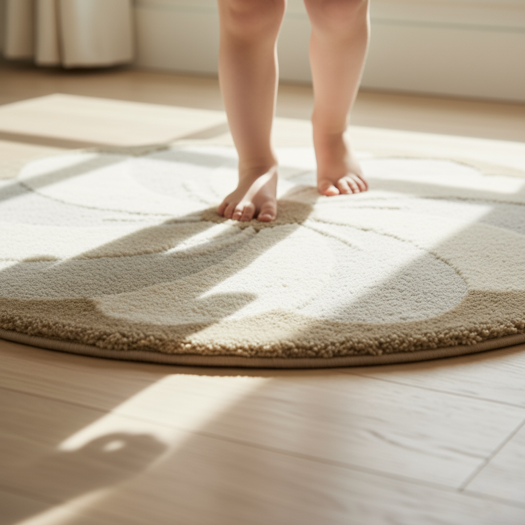 Kindervloerkleed rond bloemen ecru beige