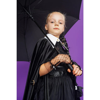 Kinder cape woensdagstijl velours zwart met witte kraag