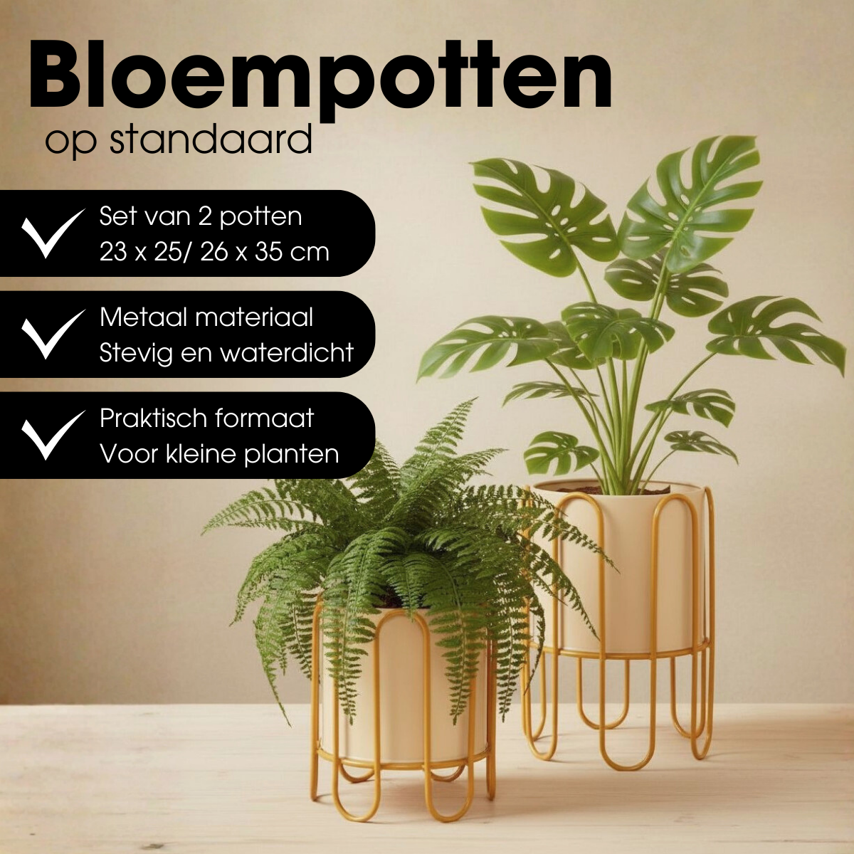 Bloempot op standaard set van 2 metaal bruin