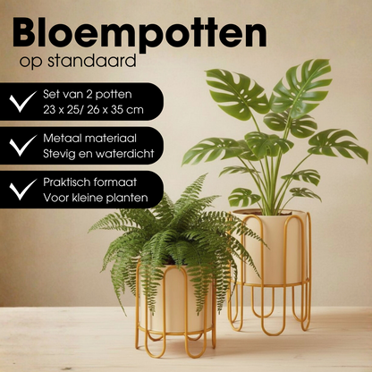 Bloempot op standaard set van 2 metaal bruin