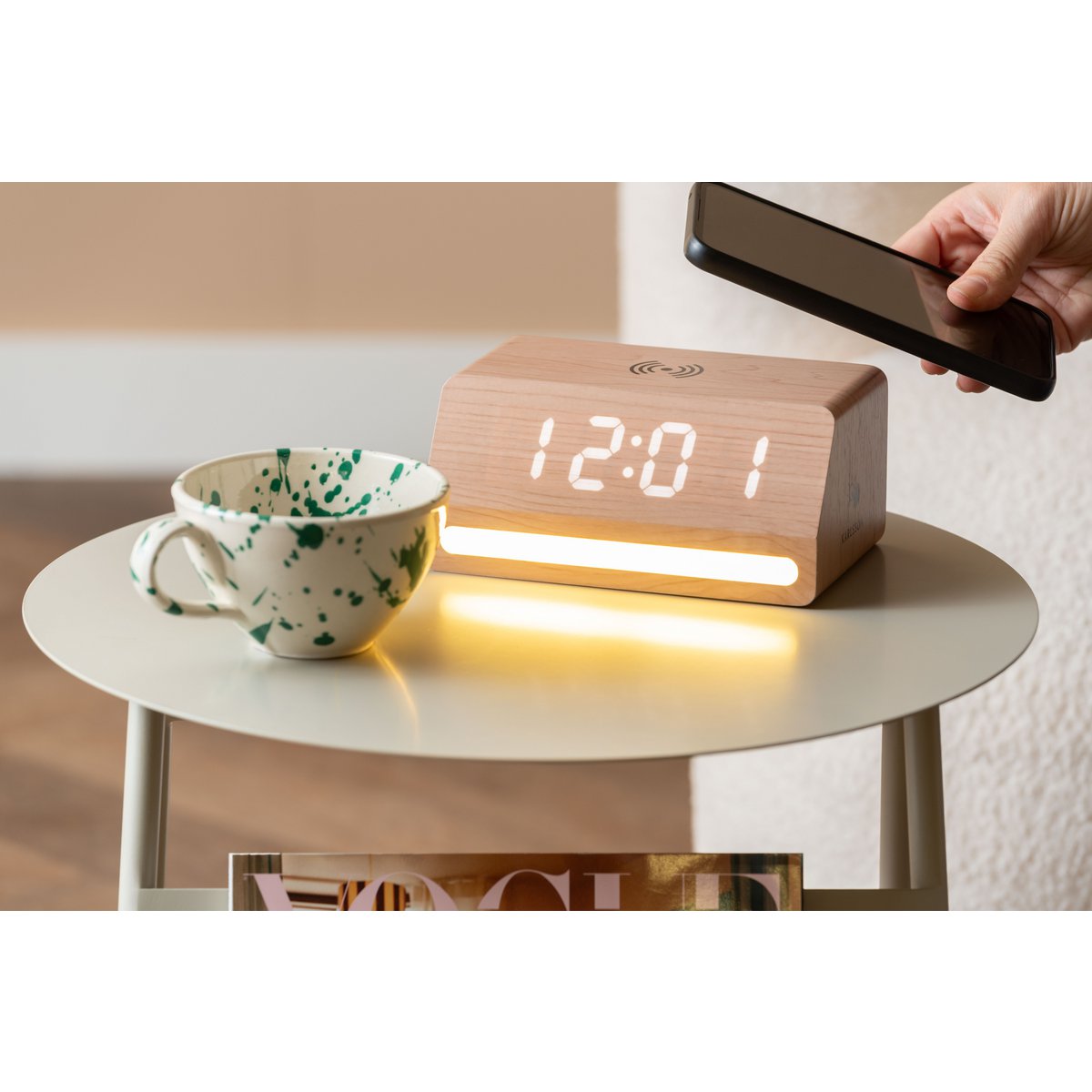 Wekker retro hout beige 17x8 cm met LED-licht