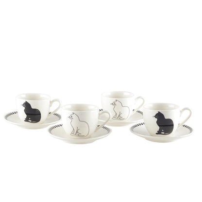 Koffiekopjes met kattenschotels set van 4 zwart wit