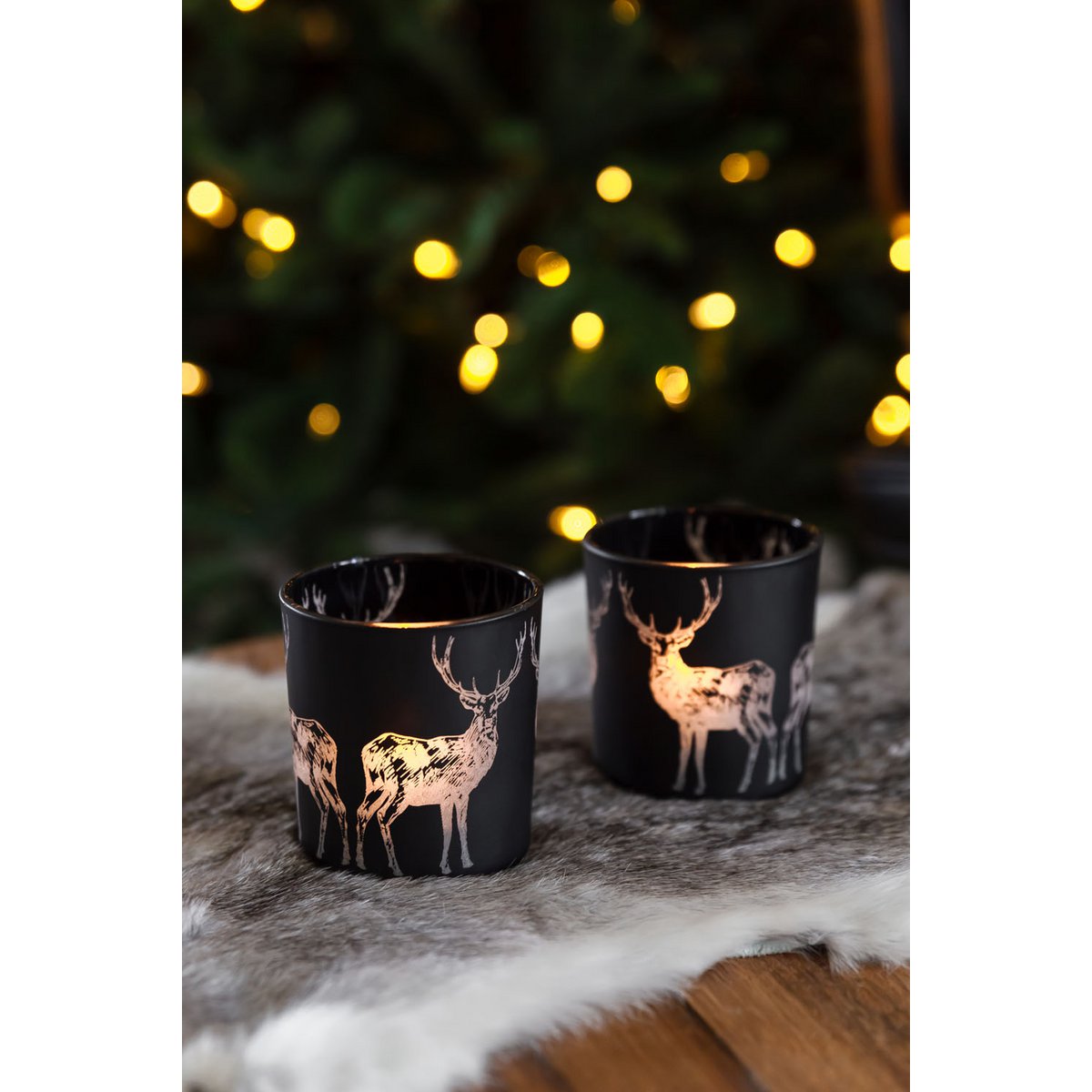 Theelicht set 2 herten 8 cm mat zwart