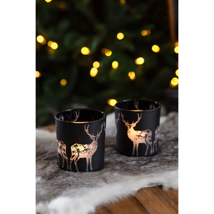 Theelicht set 2 herten 8 cm mat zwart