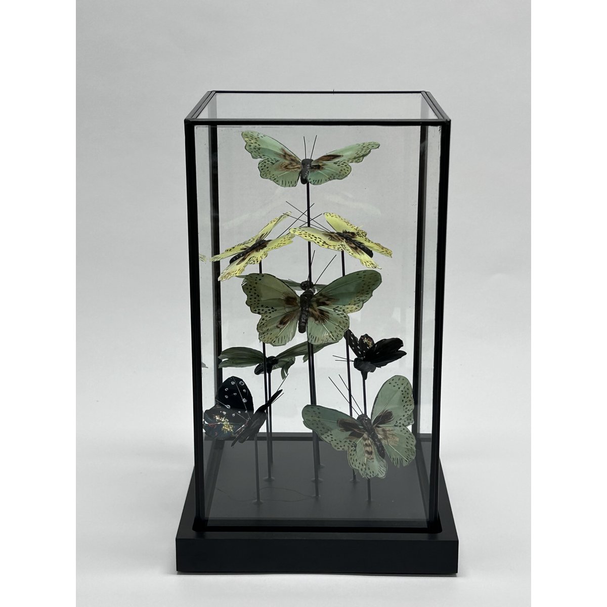 Glazen stolp met groene vlinders 19x19x31.5 cm handgemaakt