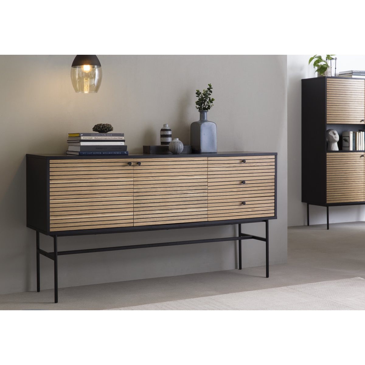 Sideboard black/oak real wood veneer