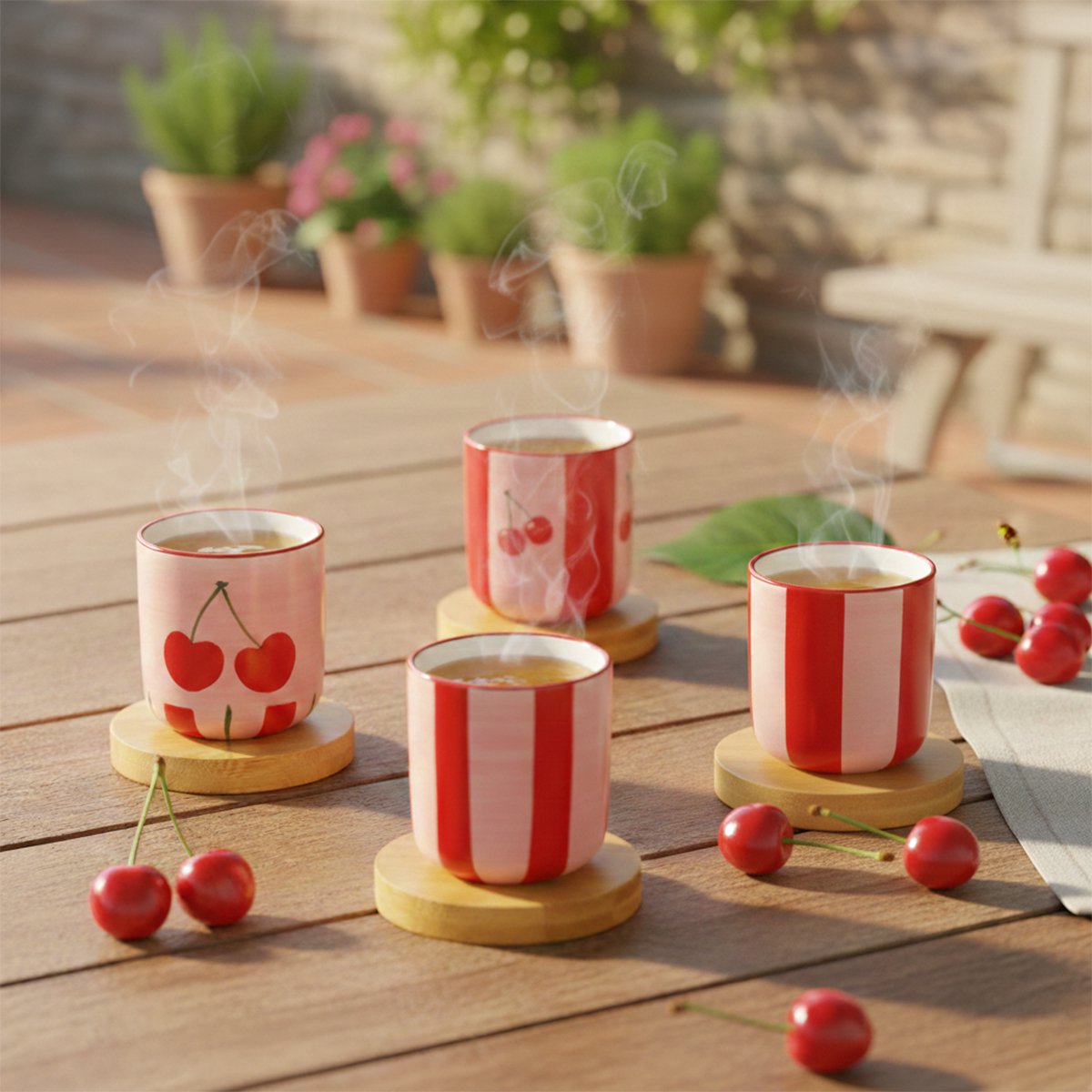 Kersen koffiekopjes met houten schoteltjes - set van 4