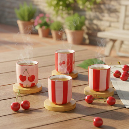 Kersen koffiekopjes met houten schoteltjes - set van 4