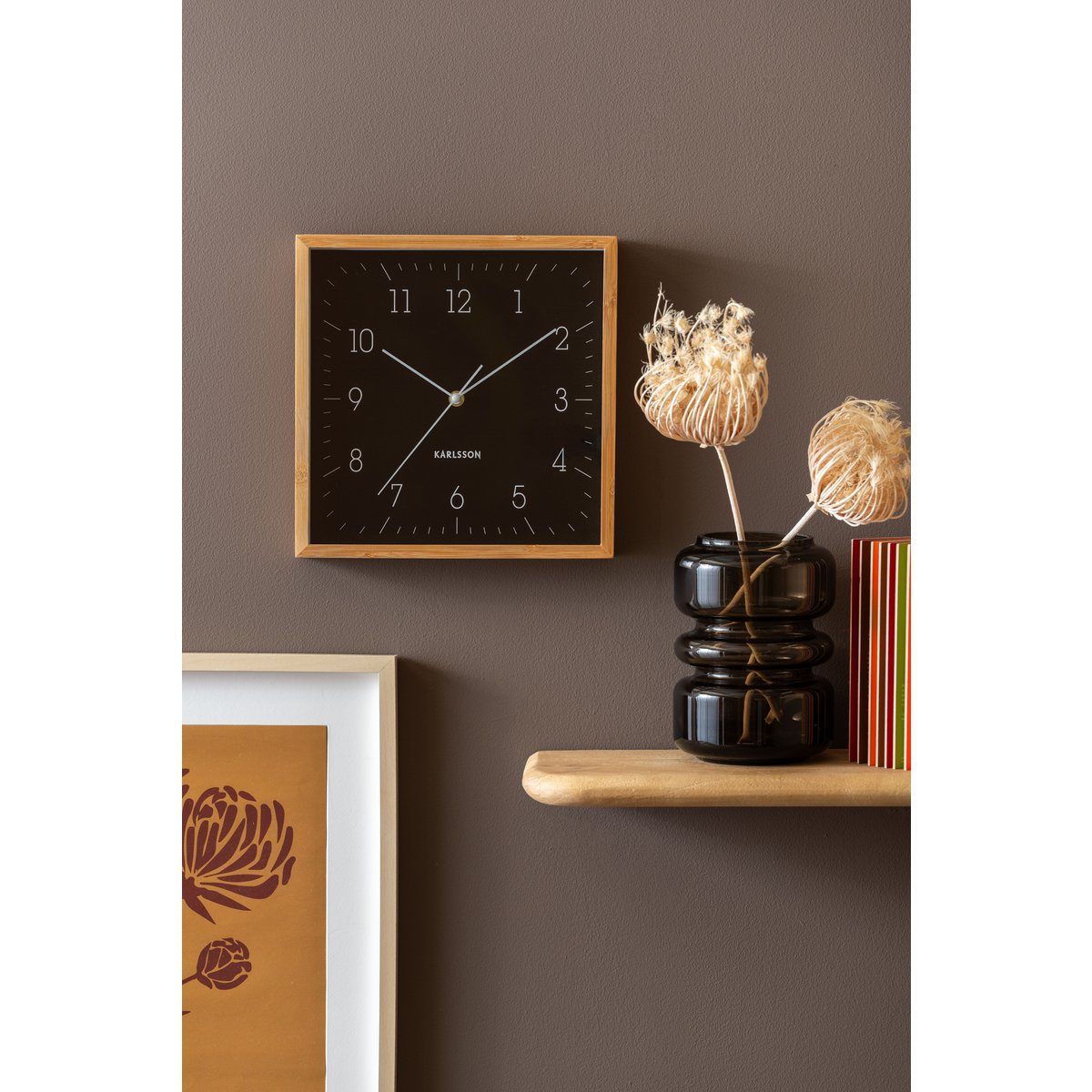 Wandklok 29x29 cm bamboe zwart