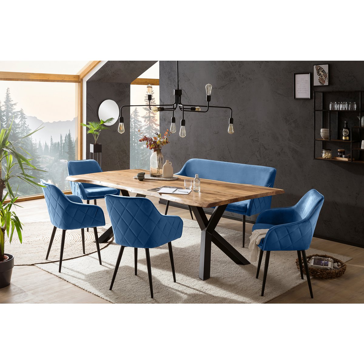 Eettafel 220x110 cm massief acaciahout met 4 stoelen en bank