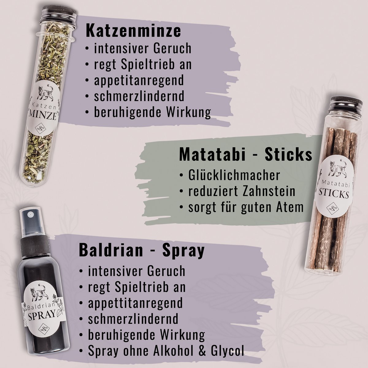 NE & NO® Gift Set Cats Well -being Herbs: Catnint + Valerian Spray + Matatabi Sticks