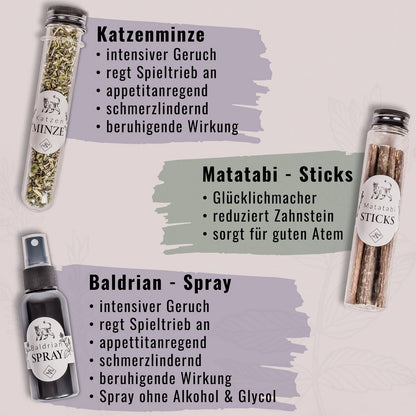 NE & NO® Gift Set Cats Well -being Herbs: Catnint + Valerian Spray + Matatabi Sticks