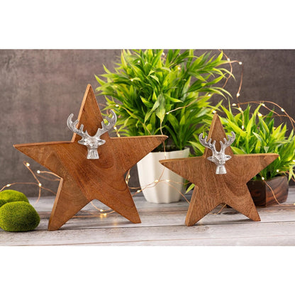 Houten ster set met hertenkop 25/19 cm massief mango hout