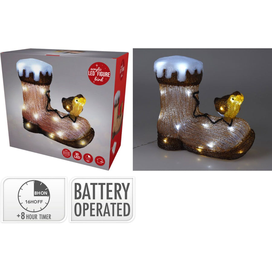 Kerstfiguur Acryl - Vogel Op Laars - Led - 28Cm