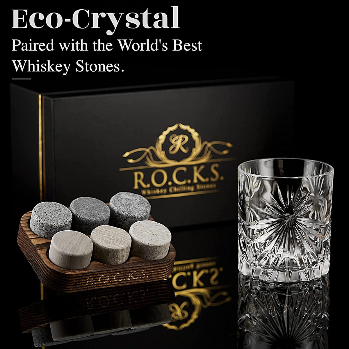 Whiskyglazen set met whiskystenen kristal zwart goud