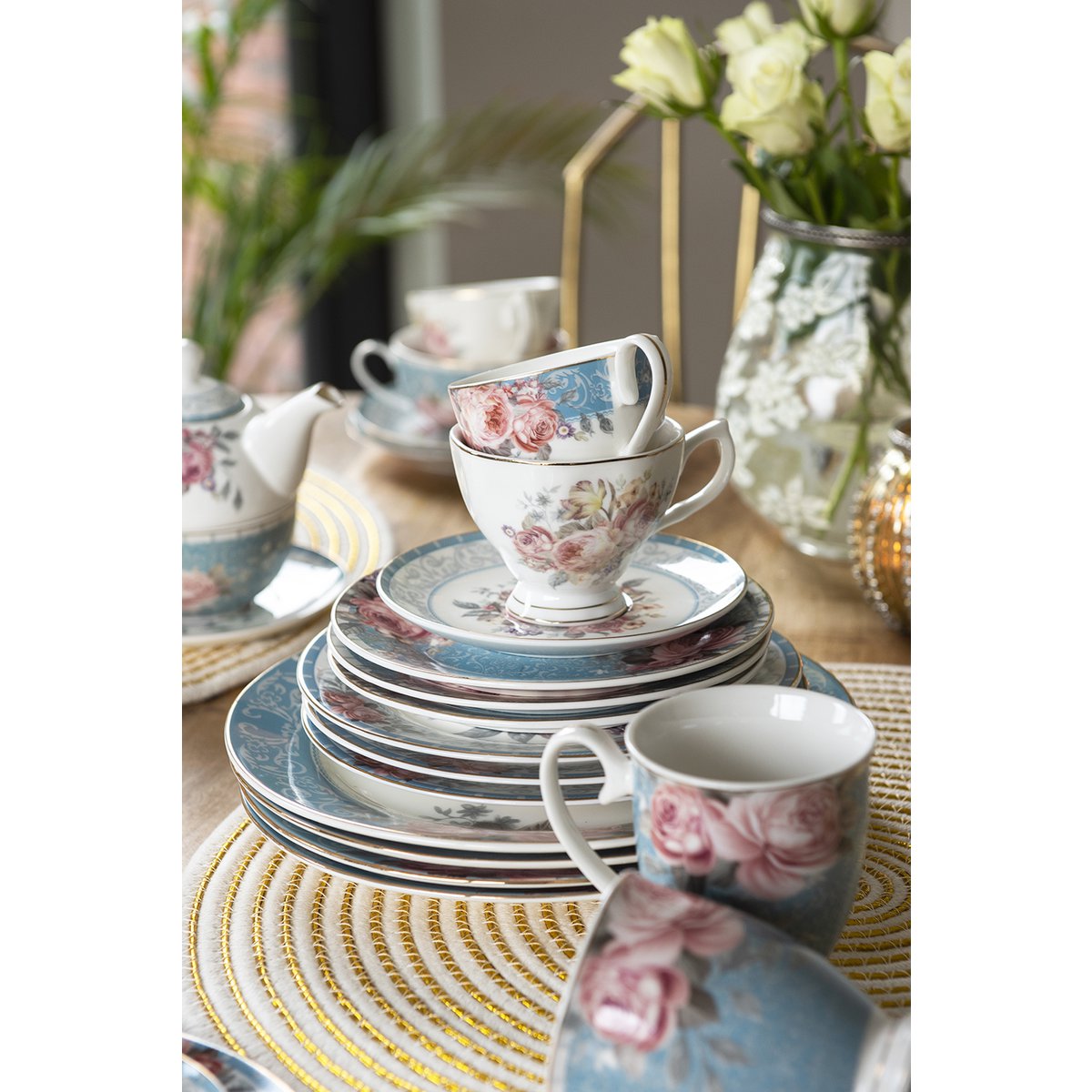 Dinner plate Ø 26 cm Blue White Porcelain Flowers Dinner plate