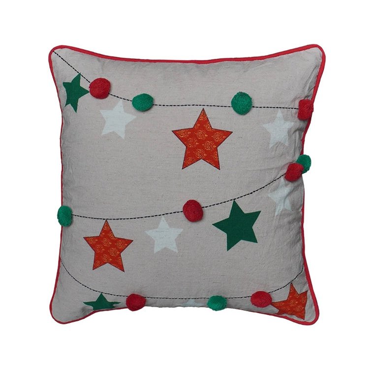 Kussenhoes 45x45 cm katoen linnen sterren pompons