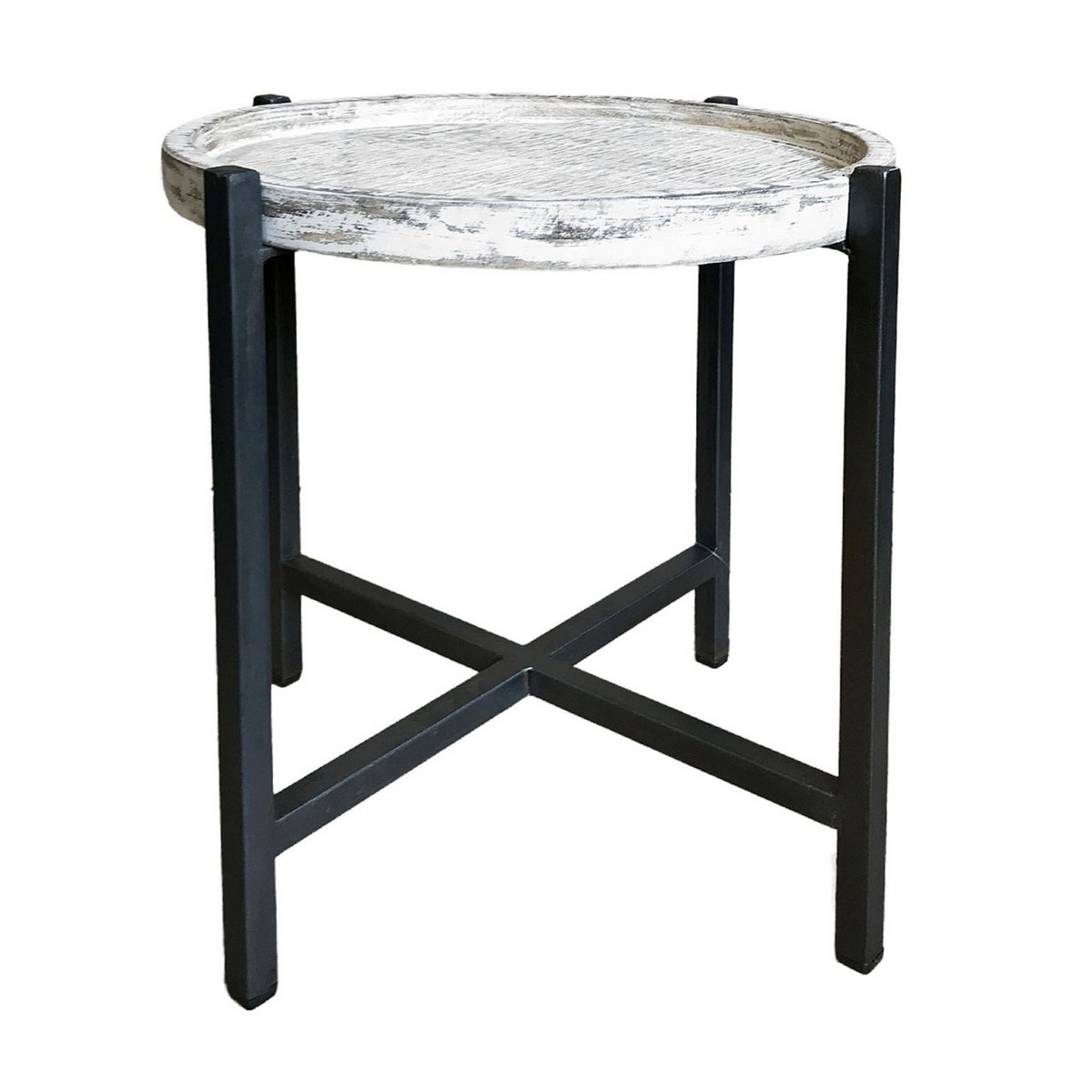 Ronde Bijzettafel Met Gerecycled Hout En Oud Zilver Frame