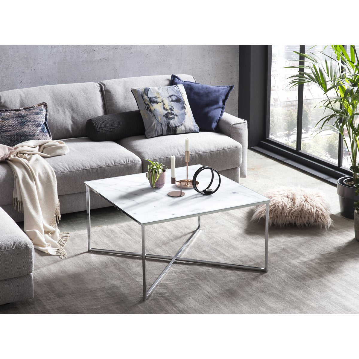 Salontafel 80x80x45 cm wit marmerlook glas metaal