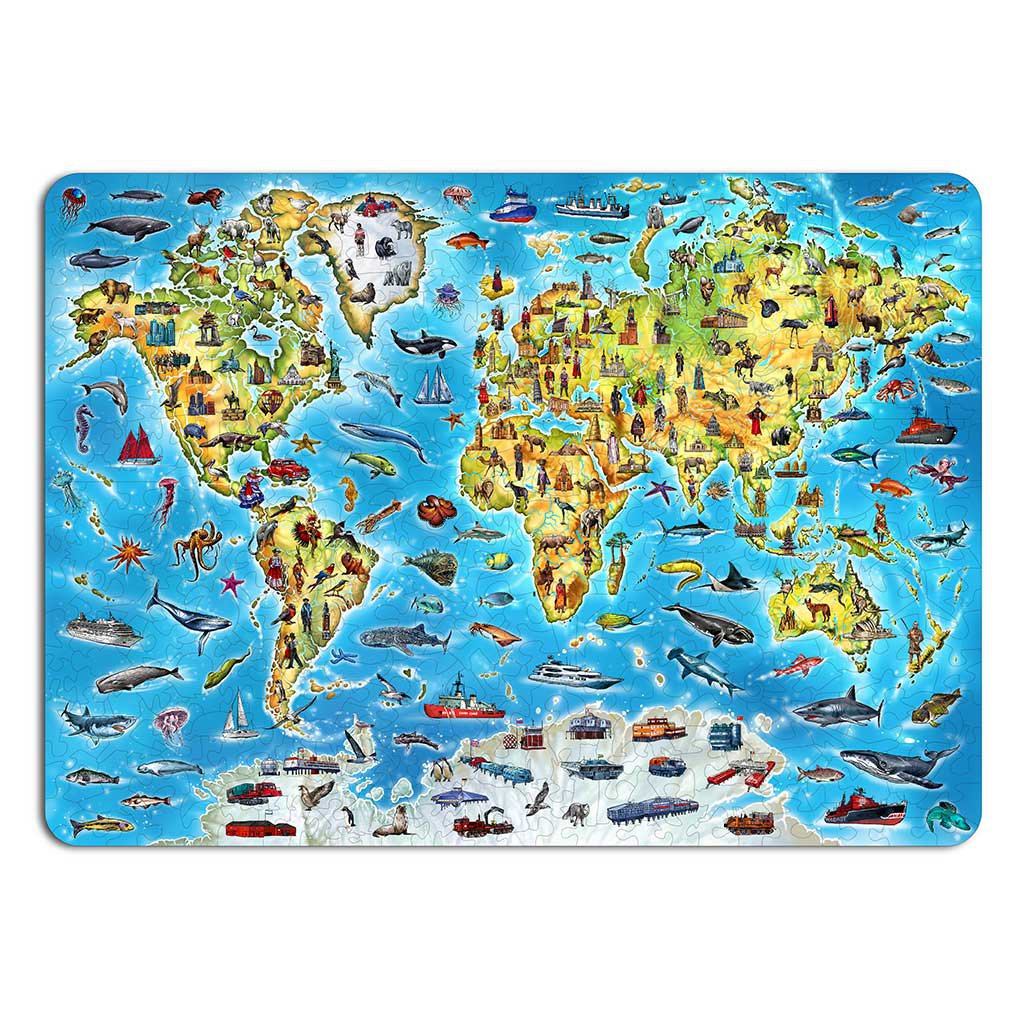 Houten legpuzzel wereldkaart 501 stukjes 55x39 cm