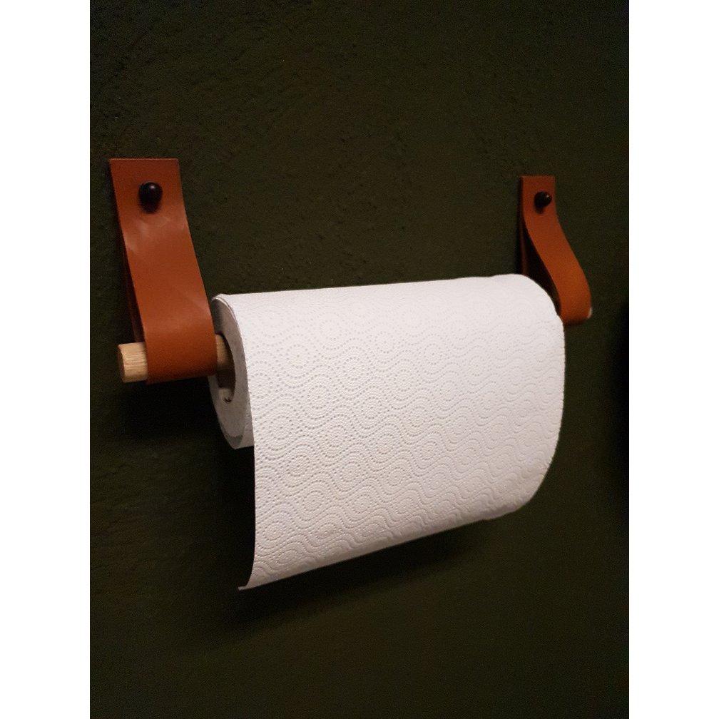 Keukenrolhouder leer rondhout