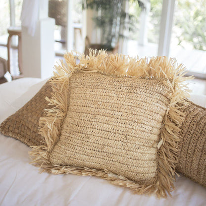 Sierkussen raffia 40x40 cm beige