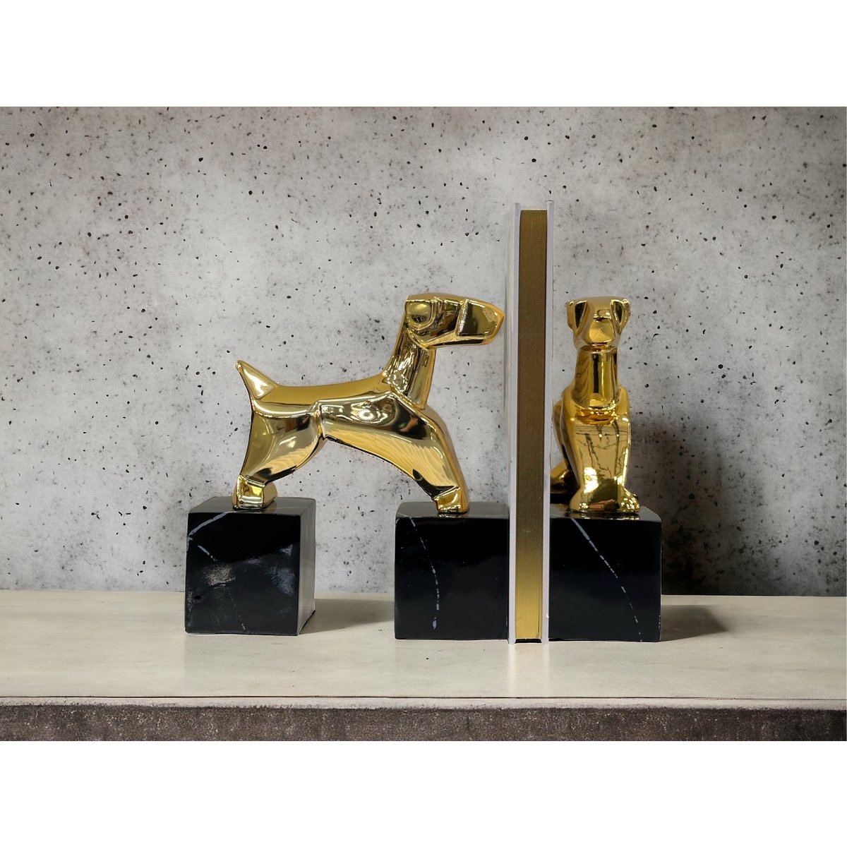 Boeksteunen set van 2 chrome terrier beeldjes marmer