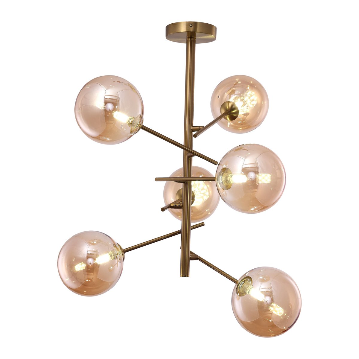 Pendant Light Ross Amber Six Glass Spheres With Gold-Colored Frame
