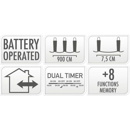Led Verlichting 120 Led - 9 Meter - Warm Wit - Batterijbox 120 Warm Wit - Dual-Timer - Geheugen En Lichtfuncties