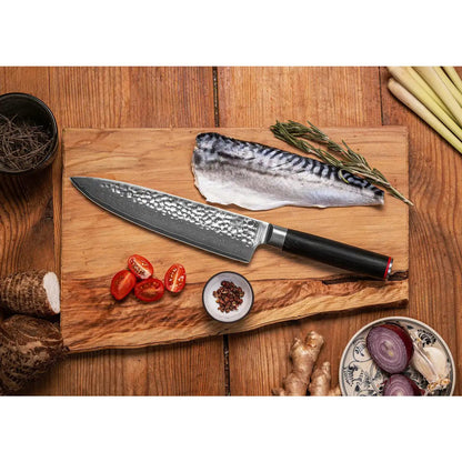 De Pakka Damascus Complete Set: 6 messen (Damascus officemes 90 mm + Damascus Santoku 180 mm + Damascus Gyuto 200 mm + Damascus Fileermes 200 mm + Damascus Broodmes 200 mm + Damascus Cleaver 190 mm)