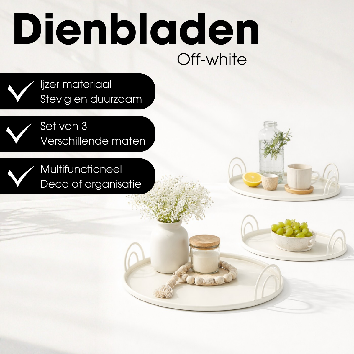 Dienblad set ijzer off-white 3 stuks Ø30-42 cm
