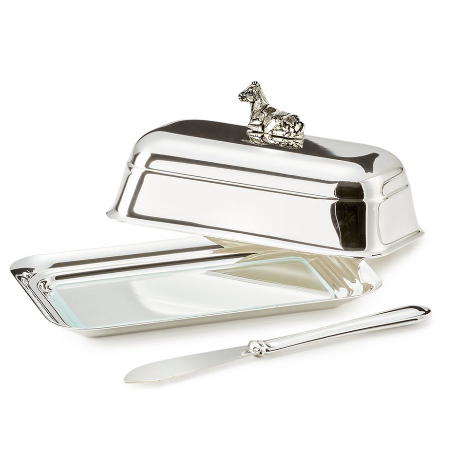 Botervloot verzilverd met glasplaat en botermes 13x8 cm
