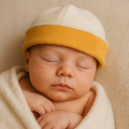 Newborn hat in white and honey organic cotton