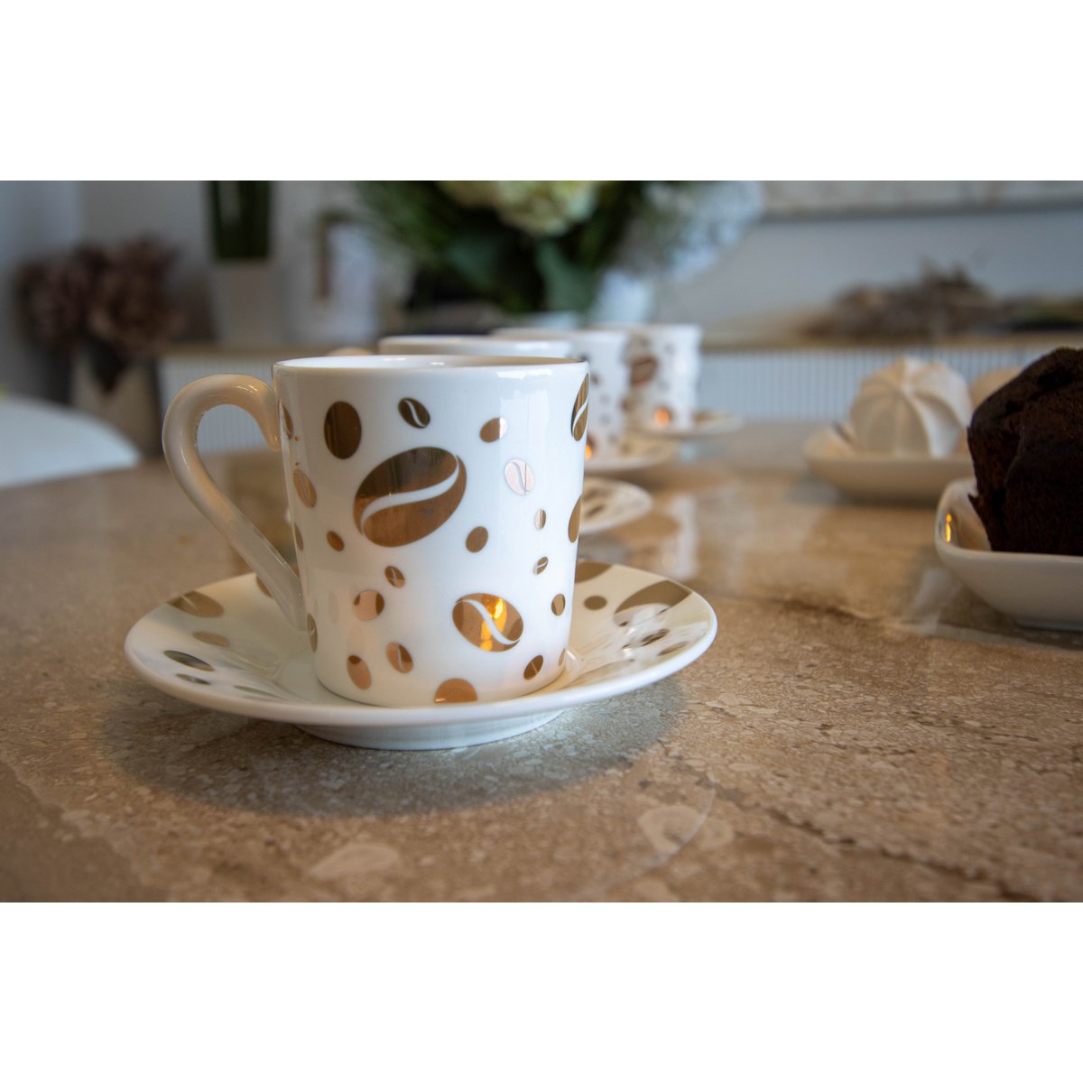 Koffiekopjes met schotels 80 ml wit goud set van 4