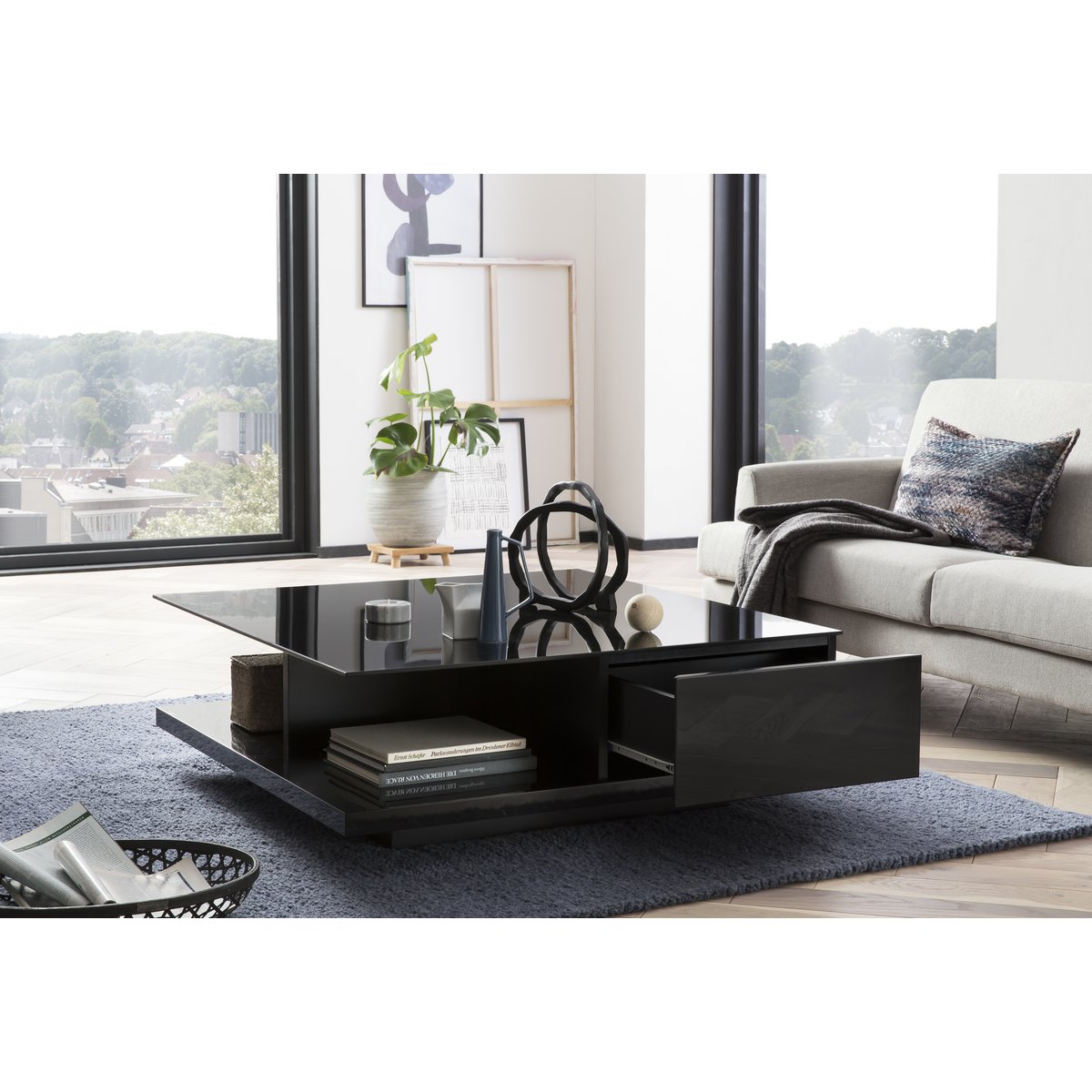 Salontafel 100x100x36 cm hoogglans zwart MDF glas
